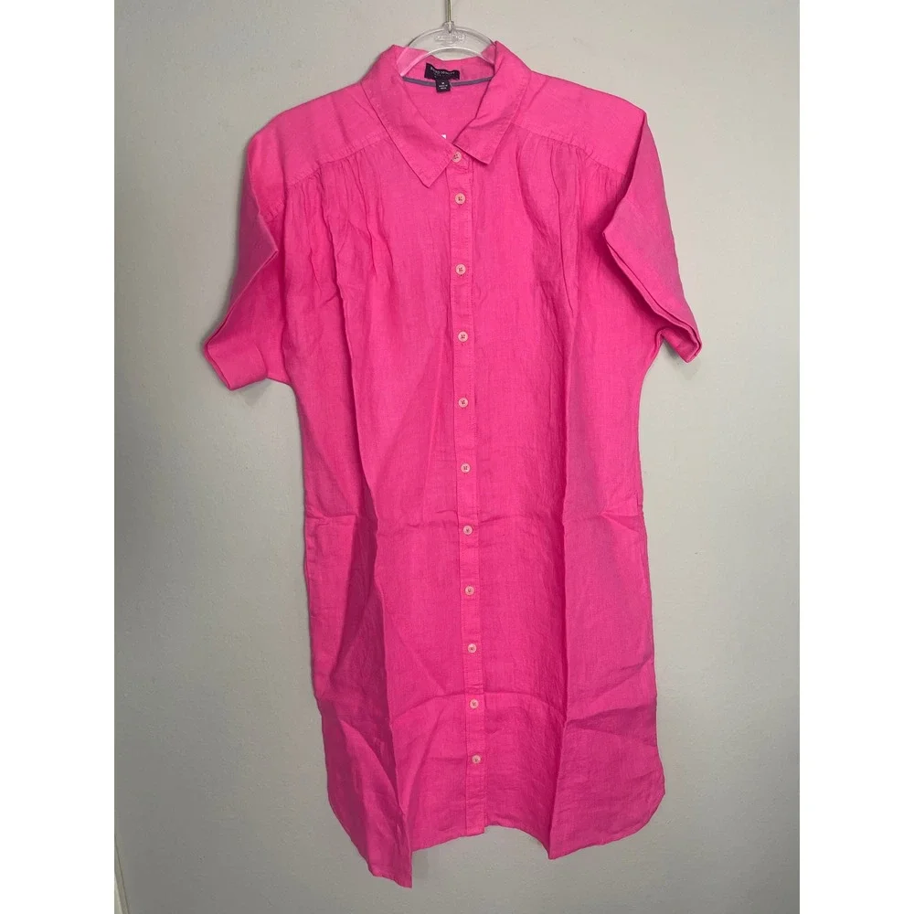 J.Crew Captain Linen Shirt Dress Pink Button Front Pockets Women's Medium